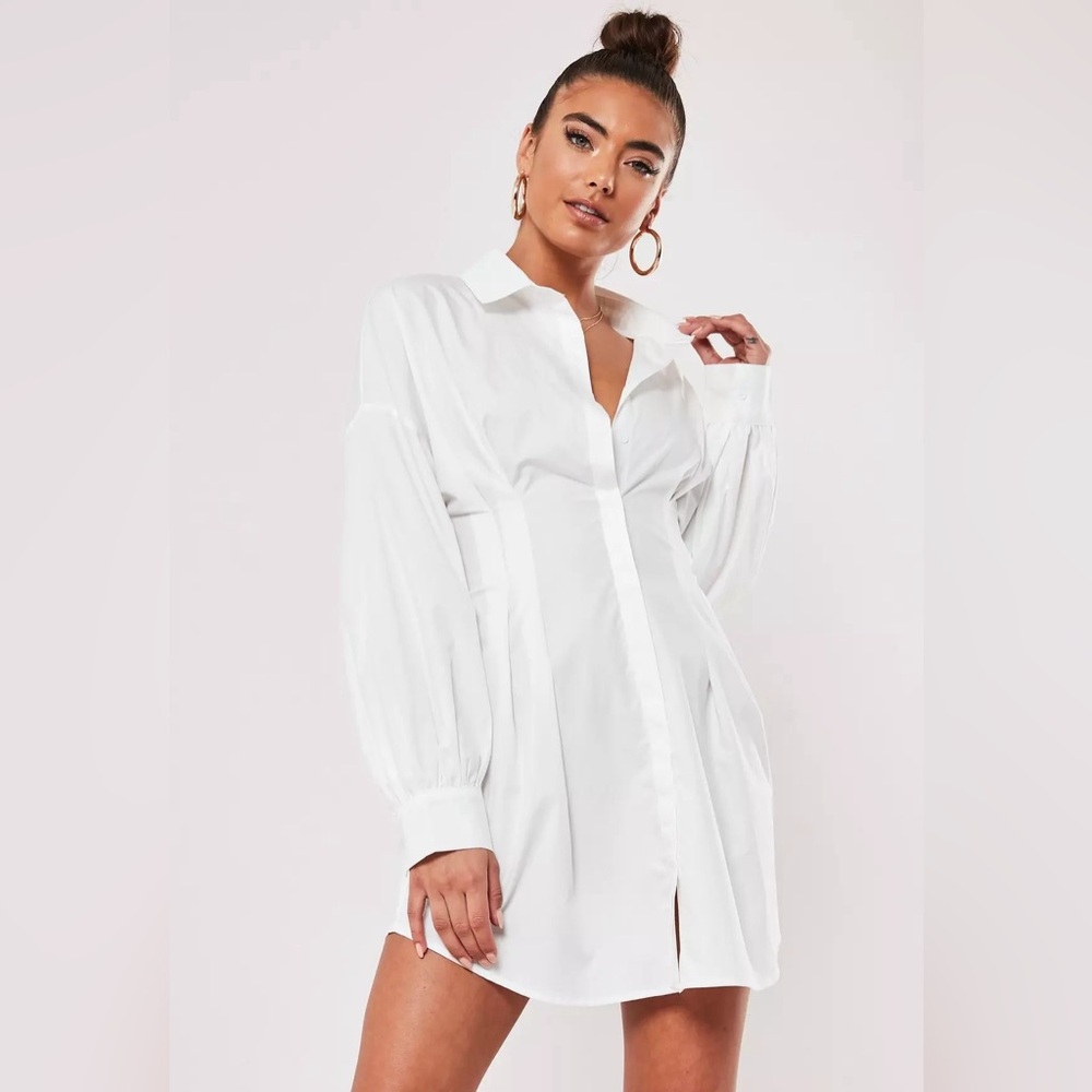 Missguided - White Poplin Pleated Waist Shirt Dress